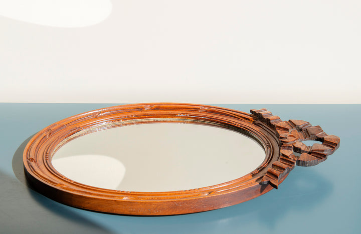 French Oval Wooden Mirror With Hand Carved Bow, 1960s