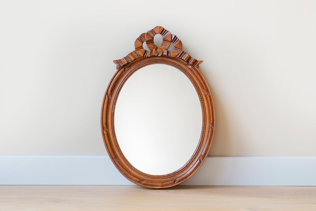 French Oval Wooden Mirror With Hand Carved Bow, 1960s