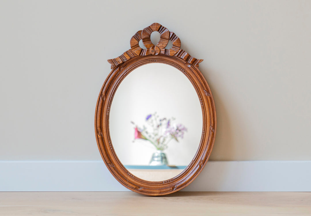 French Oval Wooden Mirror With Hand Carved Bow, 1960s