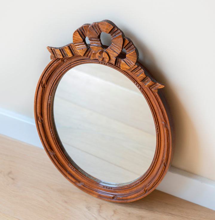 French Oval Wooden Mirror With Hand Carved Bow, 1960s