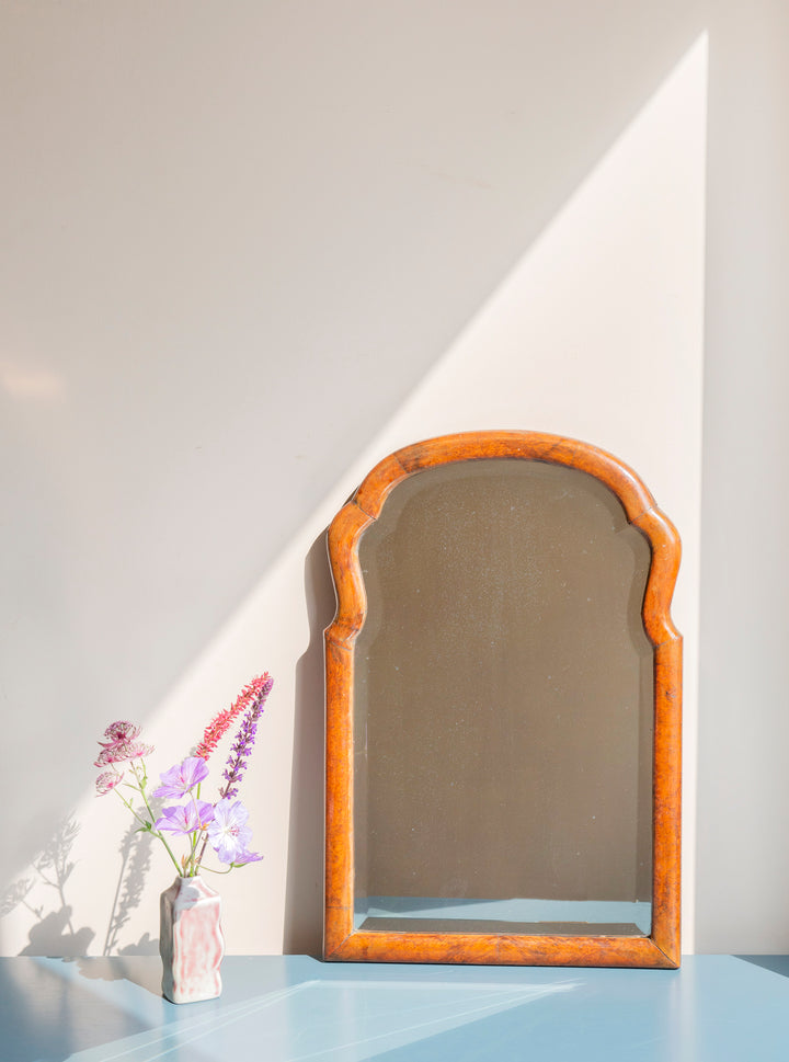 Walnut scalloped farmers mirror with beveled glass, 1900s