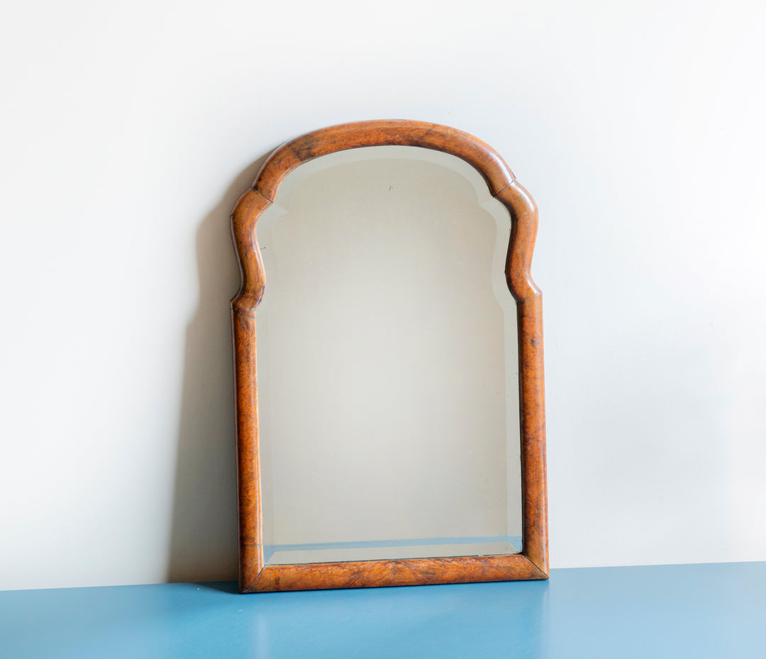 Walnut scalloped farmers mirror with beveled glass, 1900s