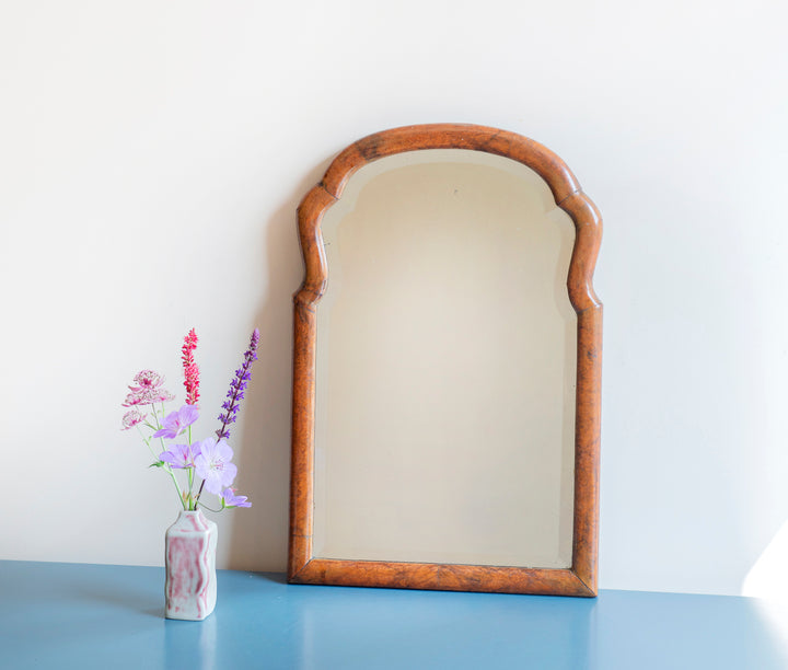 Walnut scalloped farmers mirror with beveled glass, 1900s