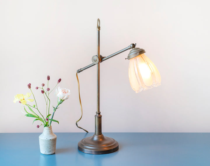 Antique Brass Table Lamp With Tulip Glass Shade