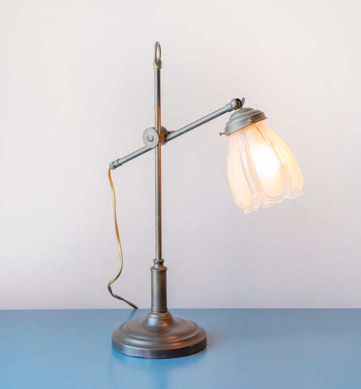 Antique Brass Table Lamp With Tulip Glass Shade