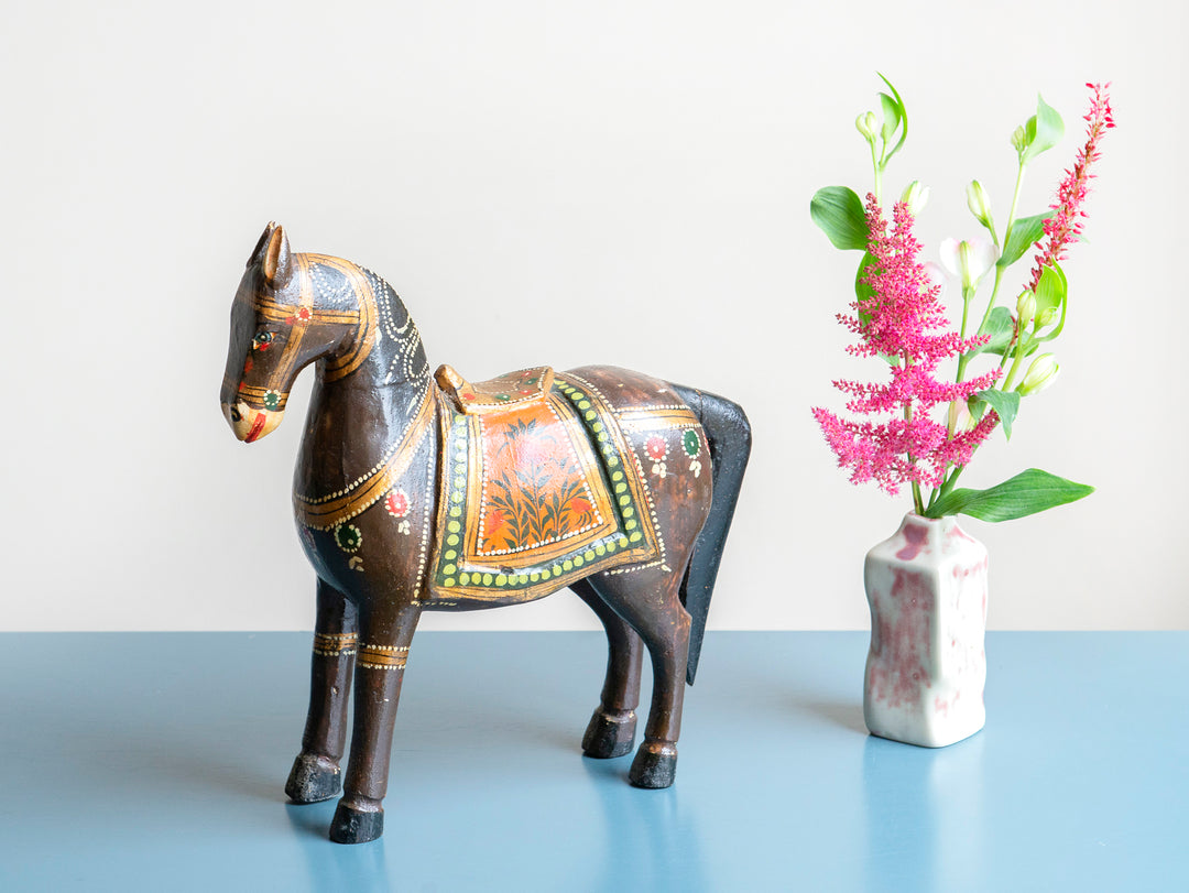 Antique Dark Brown Ghodi Wedding Horse Statue from India, 1930s