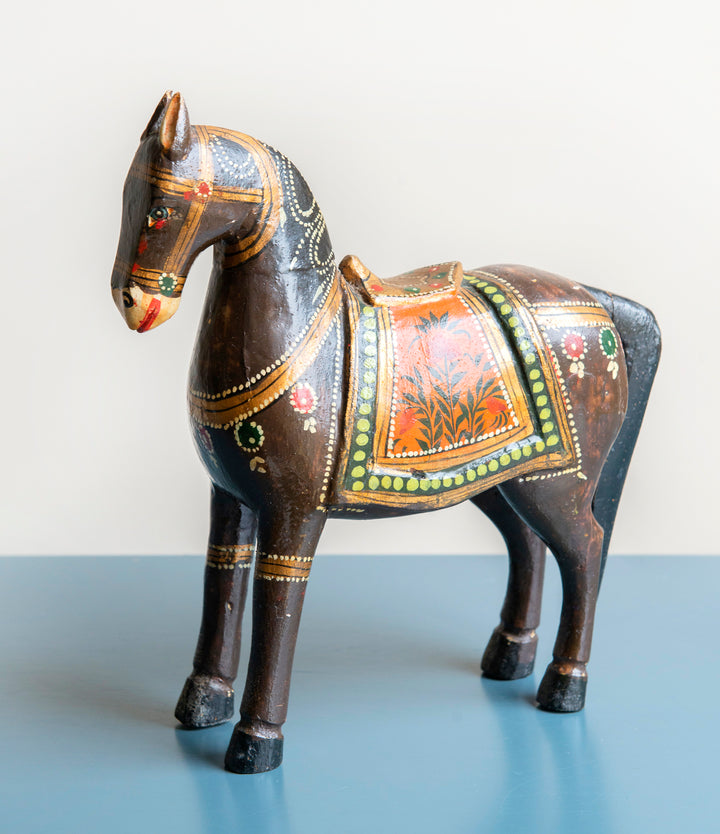 Antique Dark Brown Ghodi Wedding Horse Statue from India, 1930s