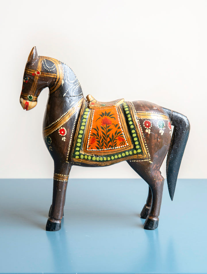 Antique Dark Brown Ghodi Wedding Horse Statue from India, 1930s