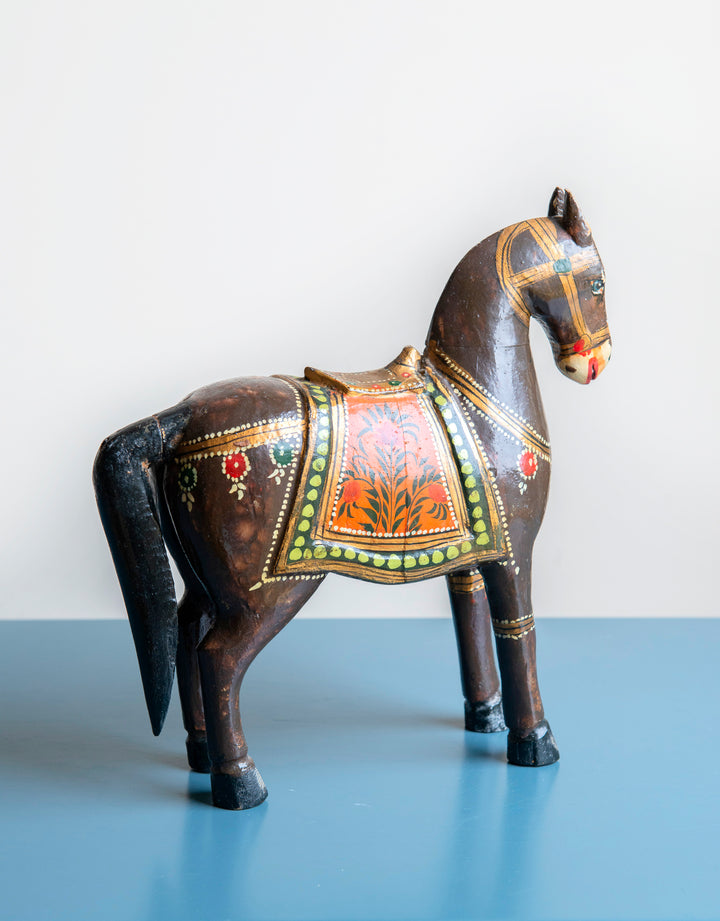 Antique Dark Brown Ghodi Wedding Horse Statue from India, 1930s