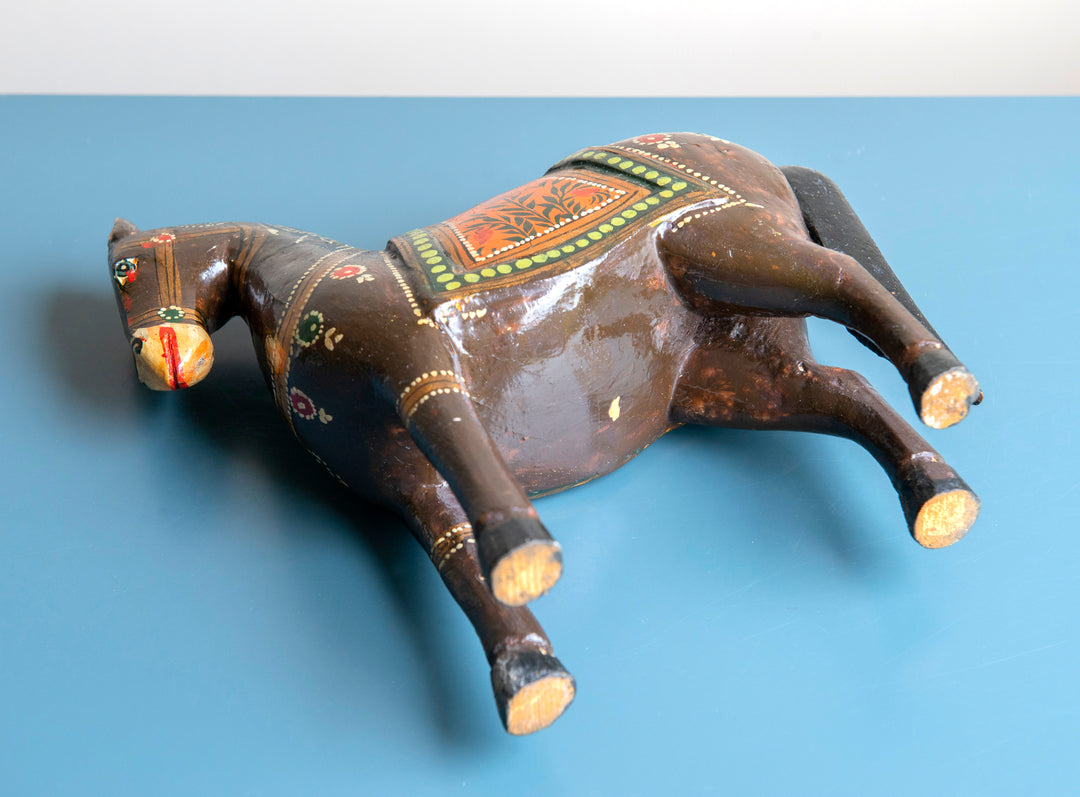 Antique Dark Brown Ghodi Wedding Horse Statue from India, 1930s