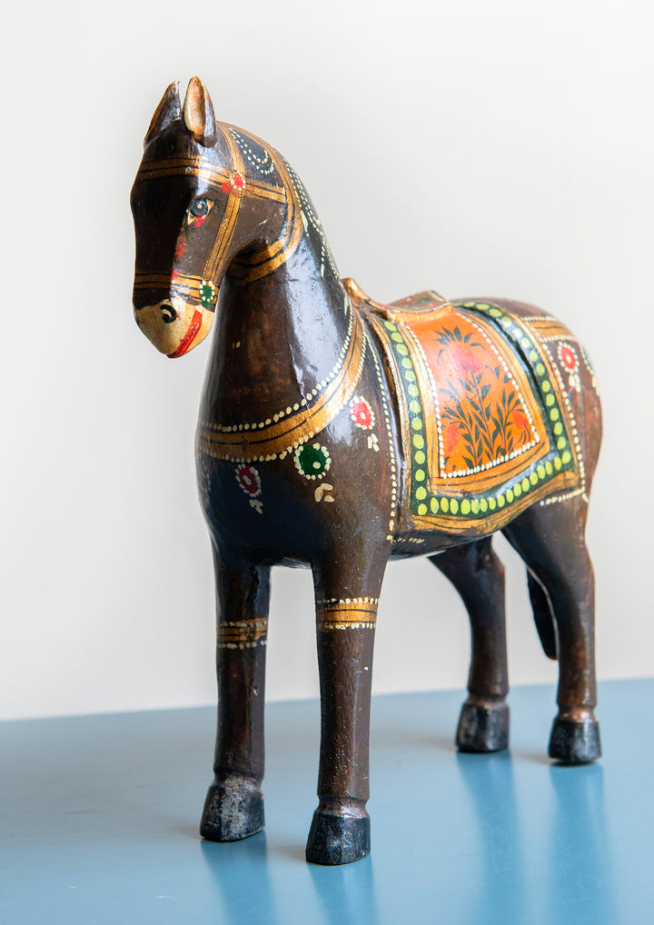 Antique Dark Brown Ghodi Wedding Horse Statue from India, 1930s