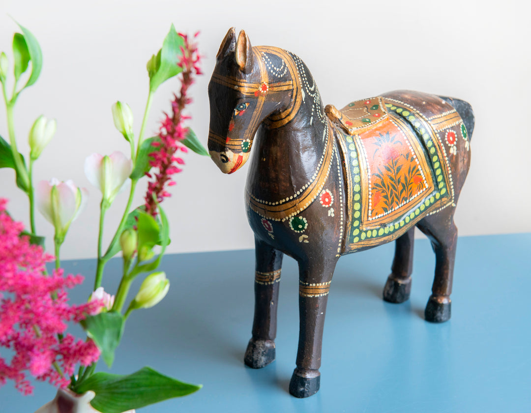 Antique Dark Brown Ghodi Wedding Horse Statue from India, 1930s