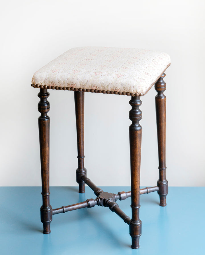 Antique Wooden Stool With Fabric Seat, 1920s