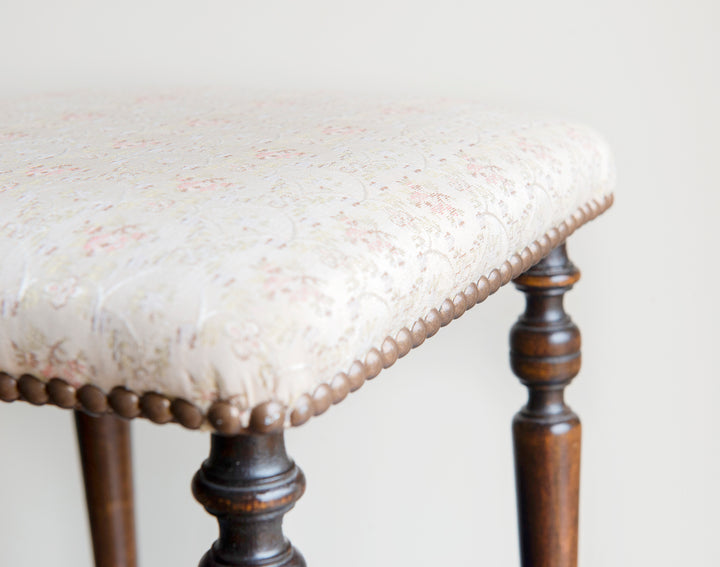 Antique Wooden Stool With Fabric Seat, 1920s