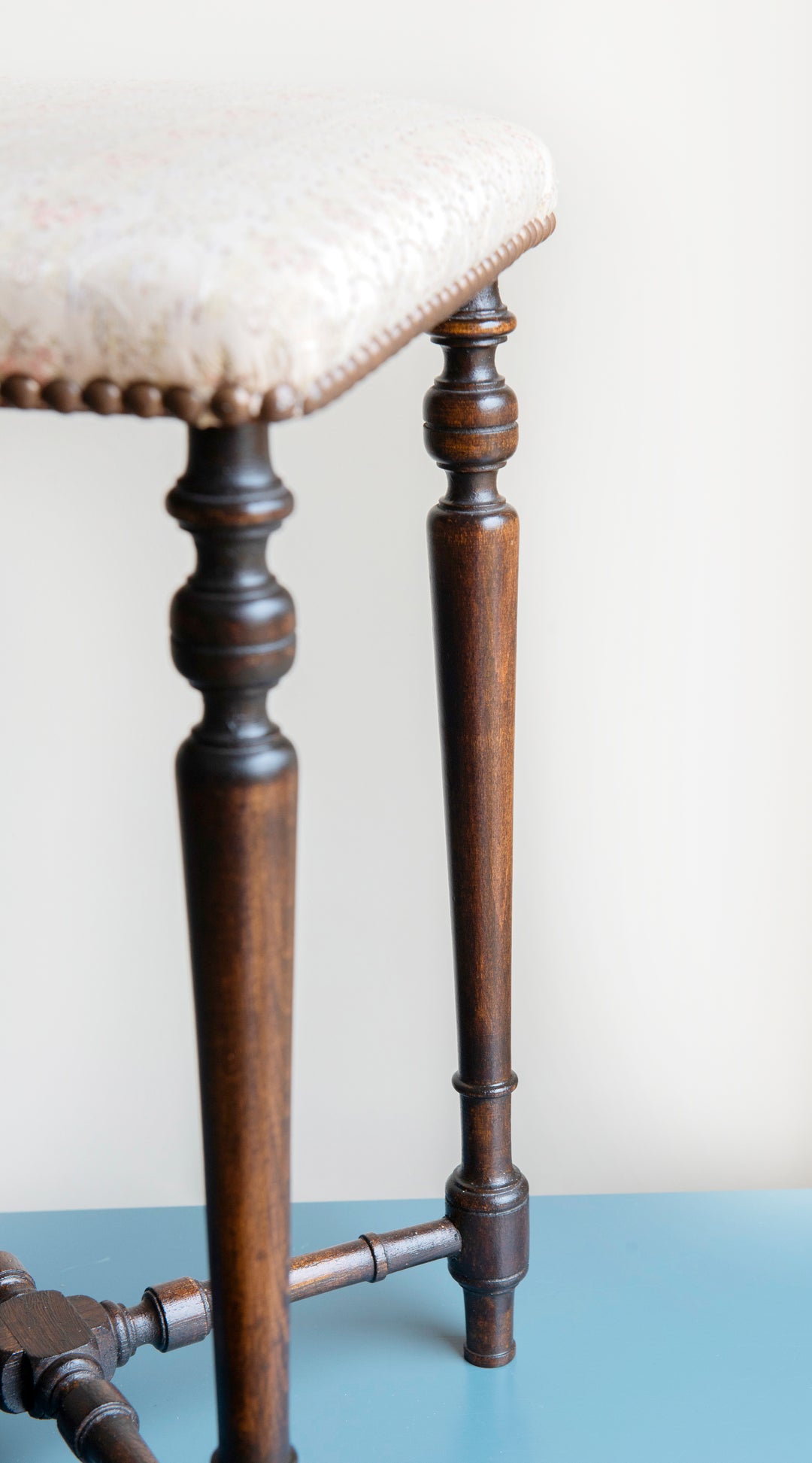 Antique Wooden Stool With Fabric Seat, 1920s