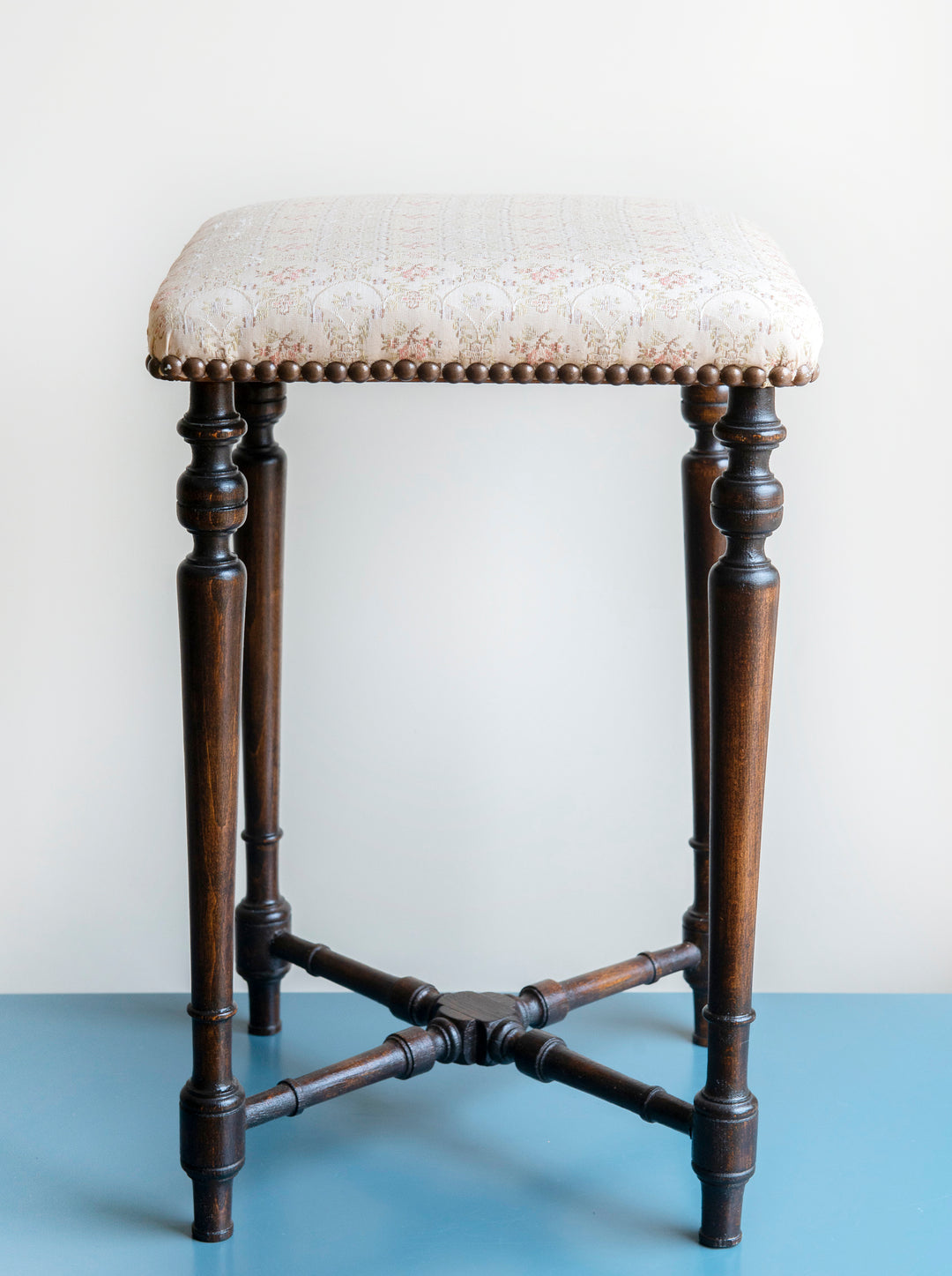 Antique Wooden Stool With Fabric Seat, 1920s