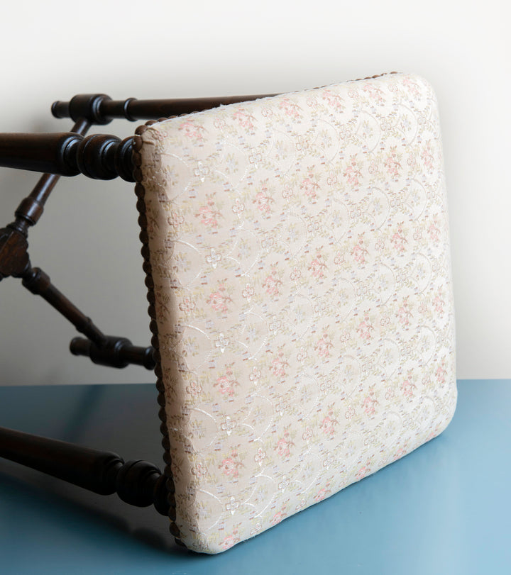 Antique Wooden Stool With Fabric Seat, 1920s