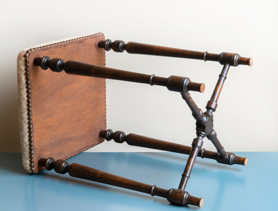 Antique Wooden Stool With Fabric Seat, 1920s