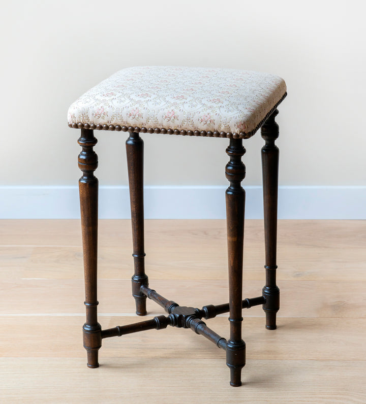 Antique Wooden Stool With Fabric Seat, 1920s