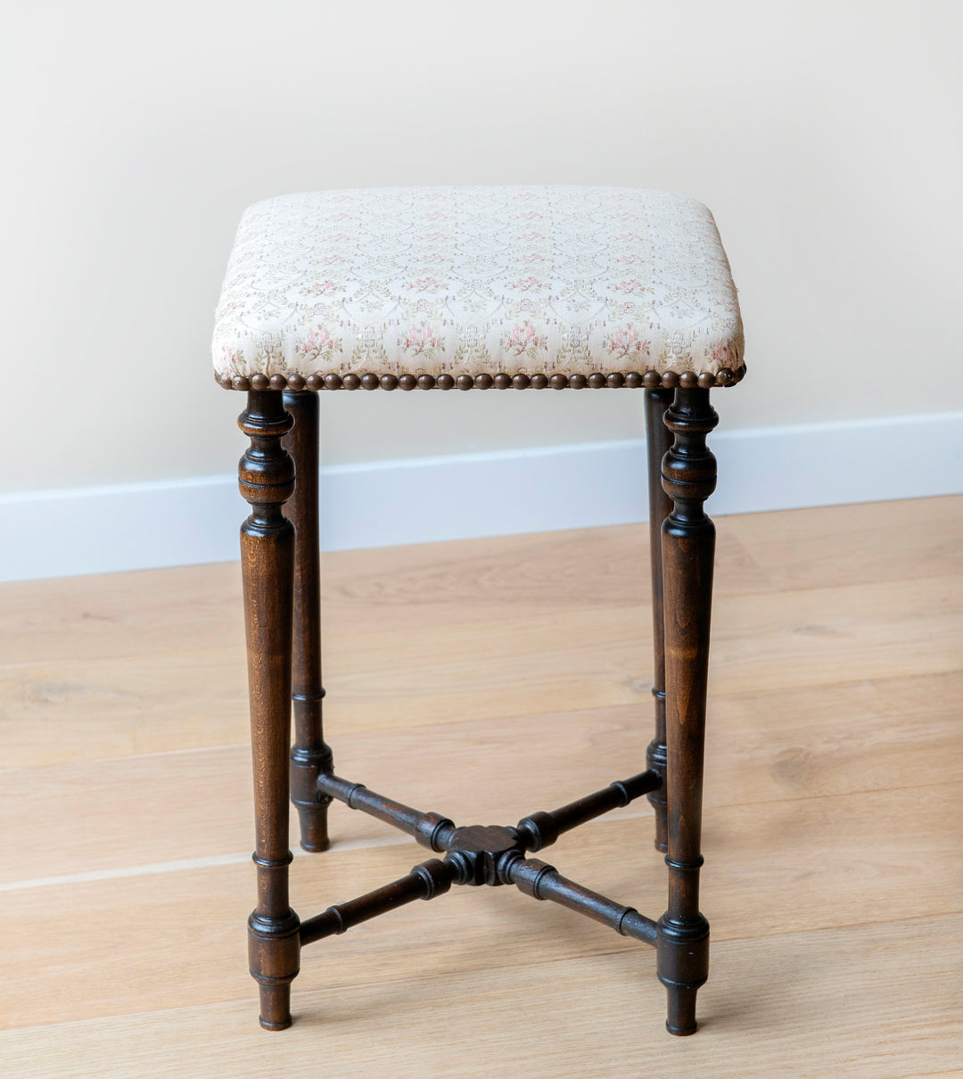 Antique Wooden Stool With Fabric Seat, 1920s