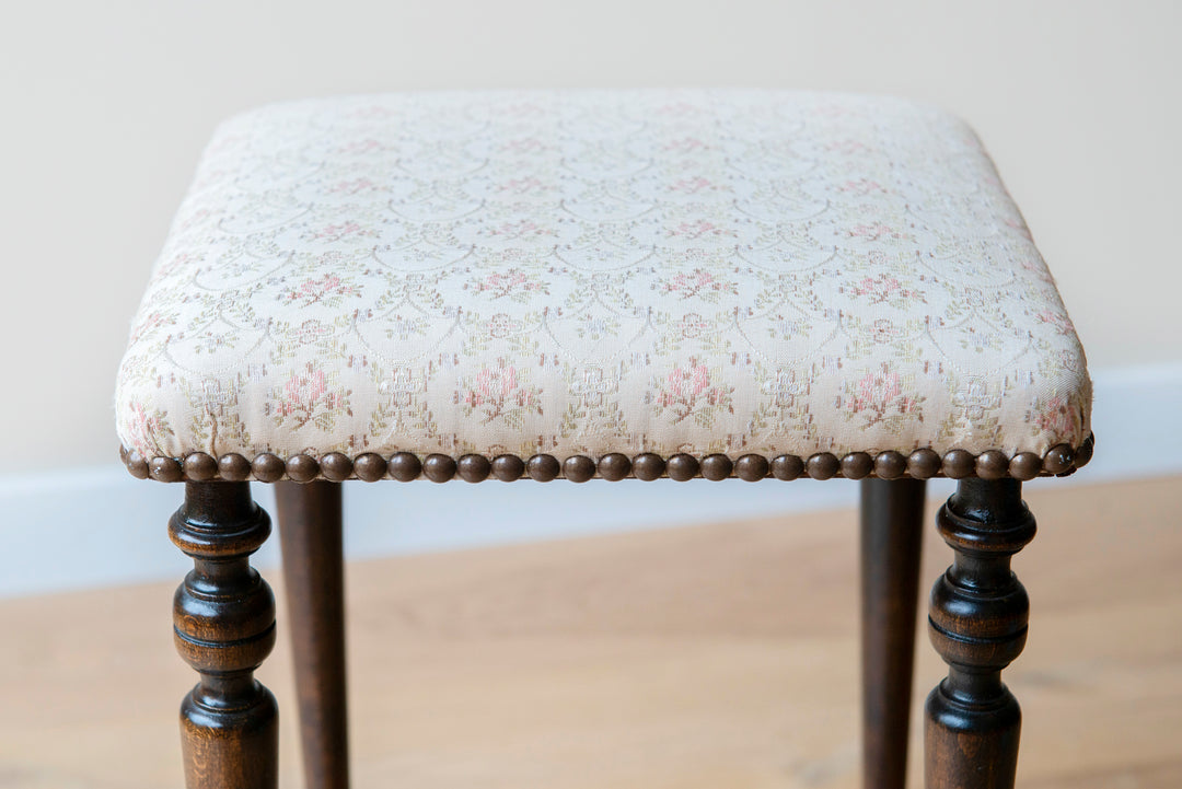 Antique Wooden Stool With Fabric Seat, 1920s