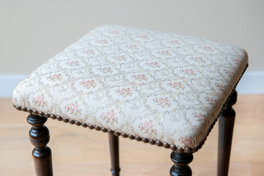 Antique Wooden Stool With Fabric Seat, 1920s