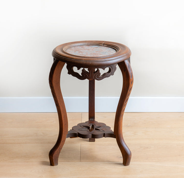 Antique French Wooden Side Table With Marble Top