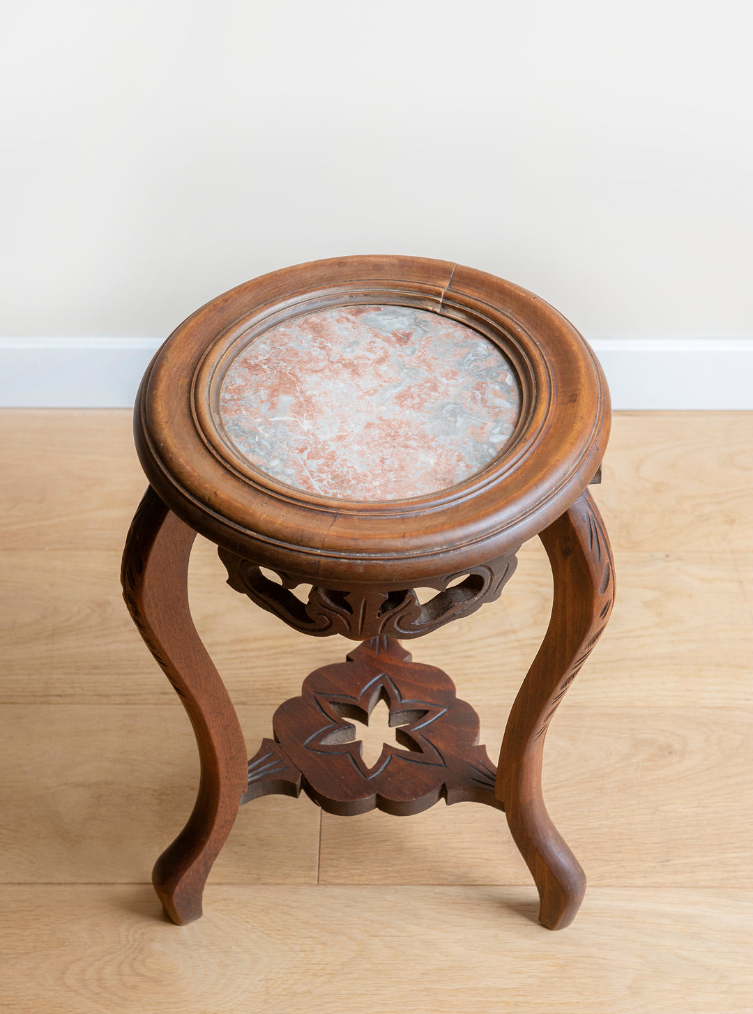 Antique French Wooden Side Table With Marble Top