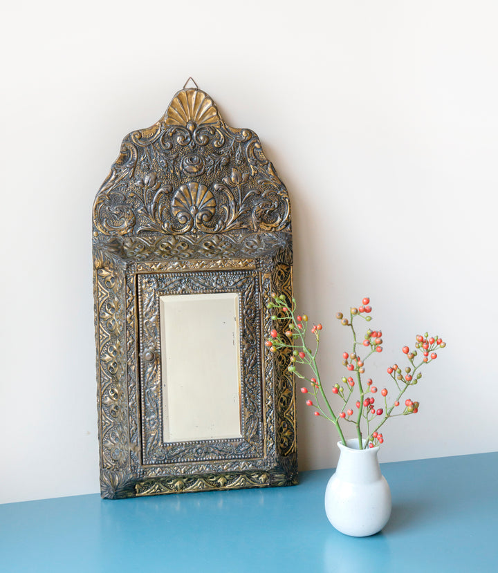 Embossed Copper Key Cabinet With Beveled Glass Mirror, 1920s