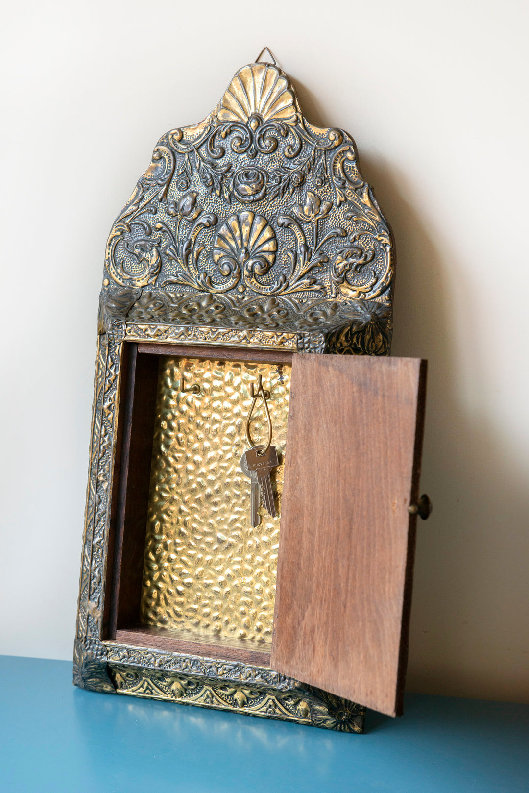 Embossed Copper Key Cabinet With Beveled Glass Mirror, 1920s