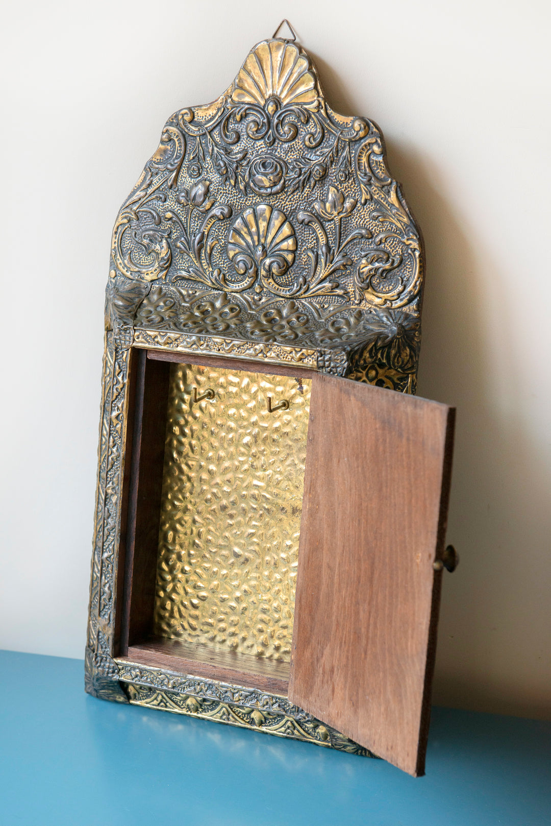 Embossed Copper Key Cabinet With Beveled Glass Mirror, 1920s