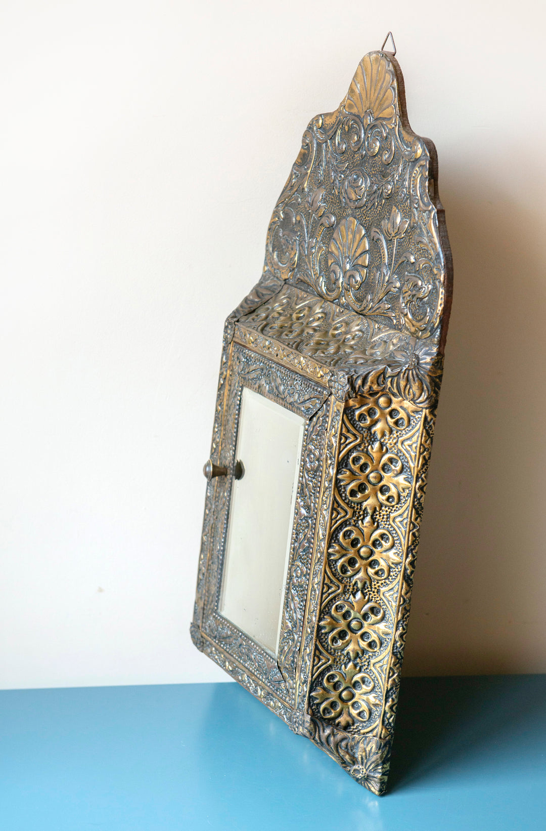 Embossed Copper Key Cabinet With Beveled Glass Mirror, 1920s