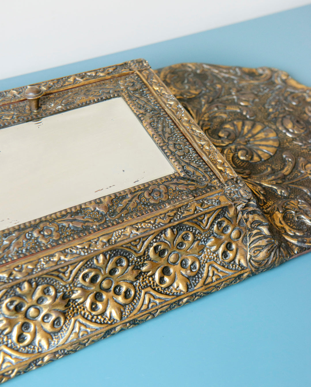 Embossed Copper Key Cabinet With Beveled Glass Mirror, 1920s