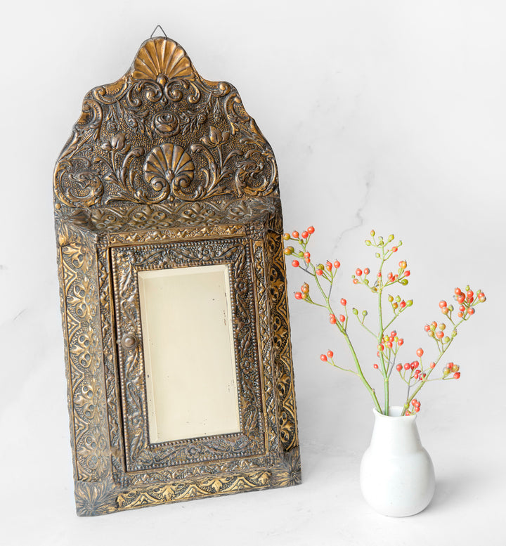 Embossed Copper Key Cabinet With Beveled Glass Mirror, 1920s