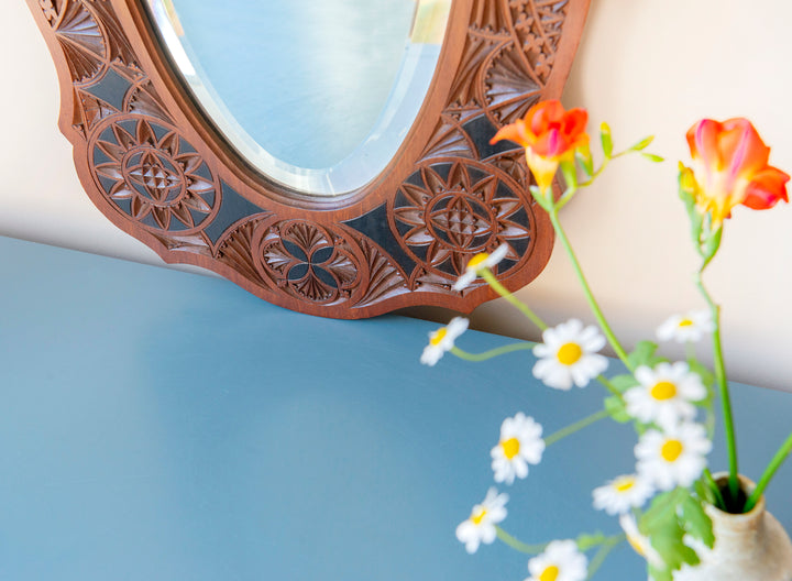 Rare Dutch Hand Carved Wooden Mirror, 1900s