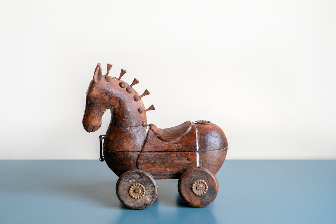 Antique Indian Horse On Wheels, Wooden Spice Box