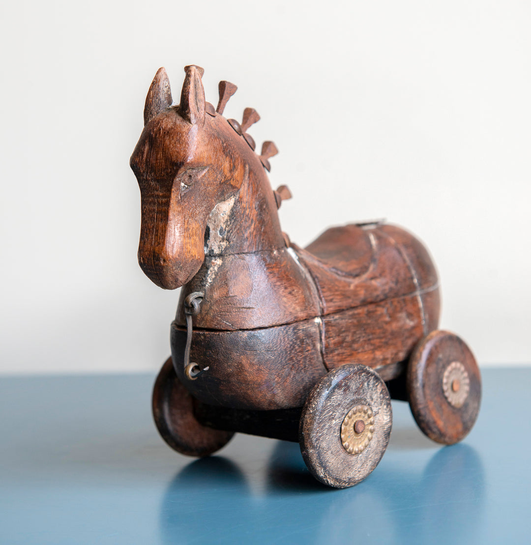 Antique Indian Horse On Wheels, Wooden Spice Box