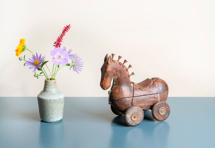 Antique Indian Horse On Wheels, Wooden Spice Box