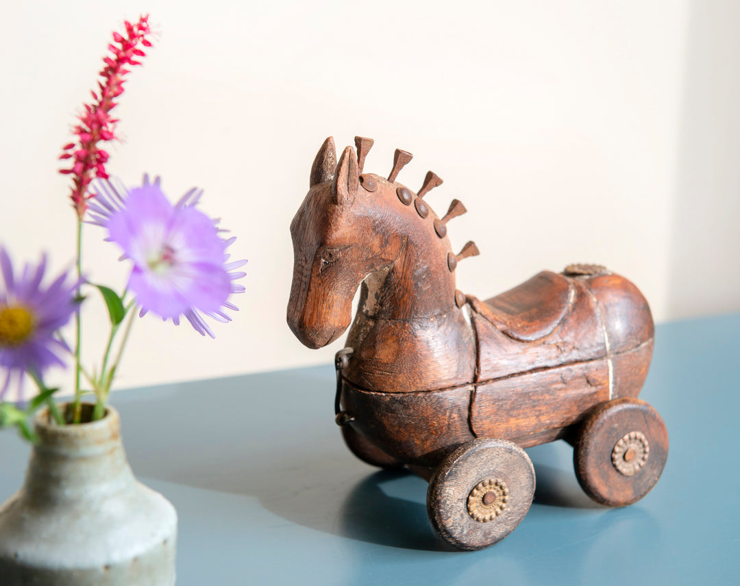 Antique Indian Horse On Wheels, Wooden Spice Box