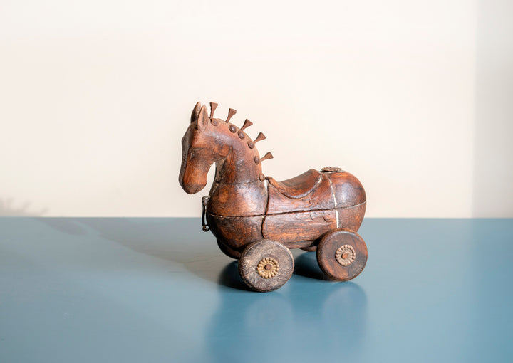 Antique Indian Horse On Wheels, Wooden Spice Box