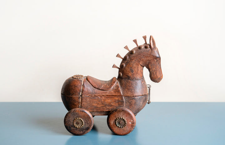 Antique Indian Horse On Wheels, Wooden Spice Box