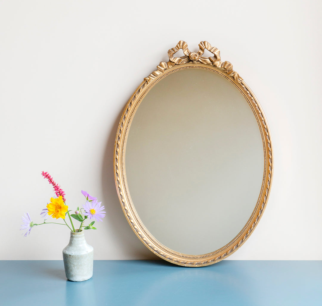 Oval Baroque Golden Bow Mirror, 1950s