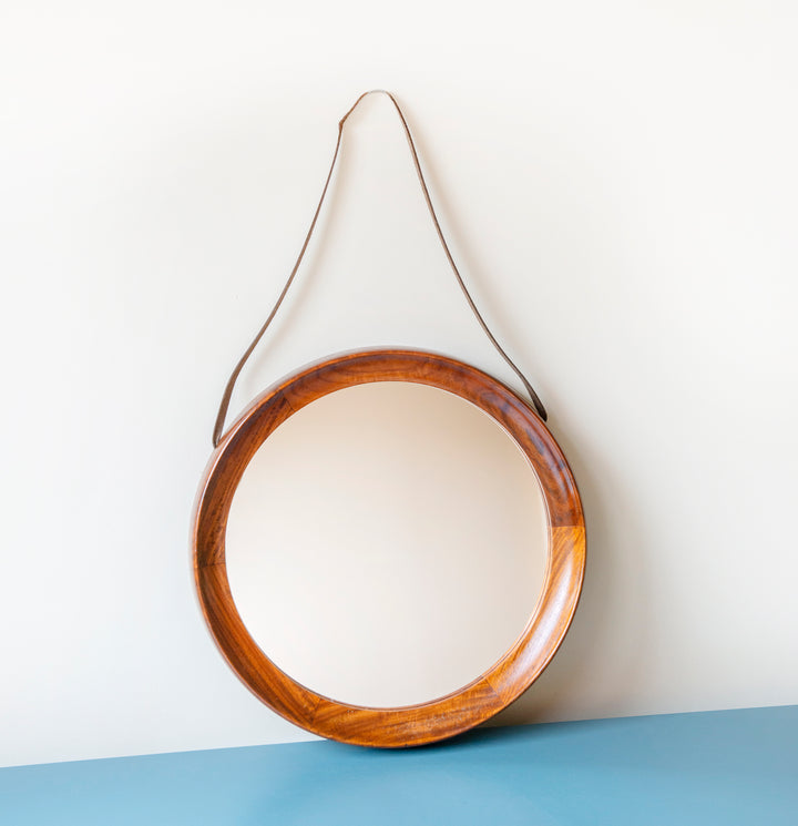 Round Teak Wooden Mirror With Leather Cord, Danish Design, 1960s