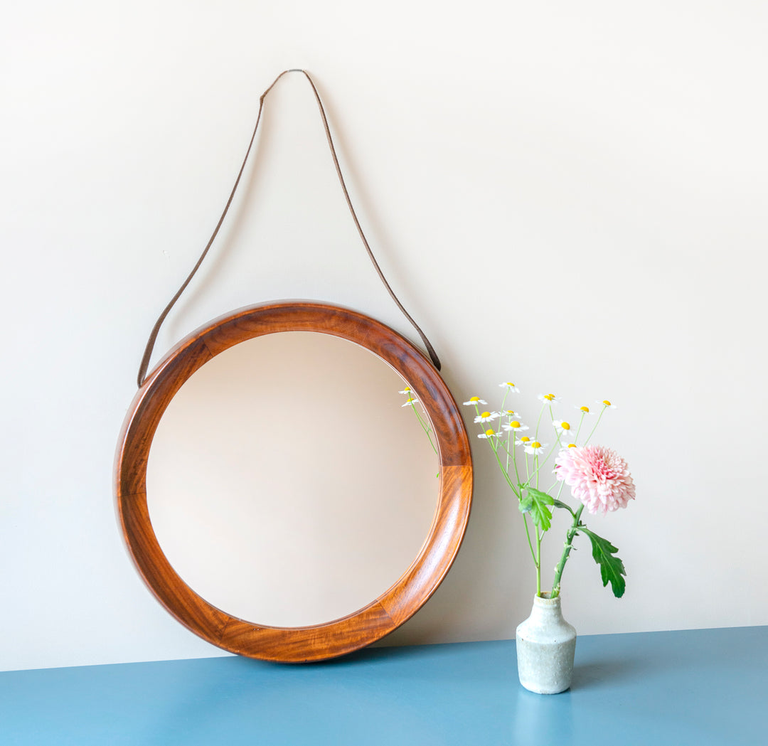 Round Teak Wooden Mirror With Leather Cord, Danish Design, 1960s