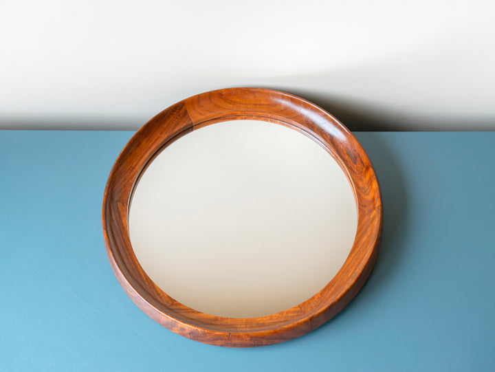 Round Teak Wooden Mirror With Leather Cord, Danish Design, 1960s