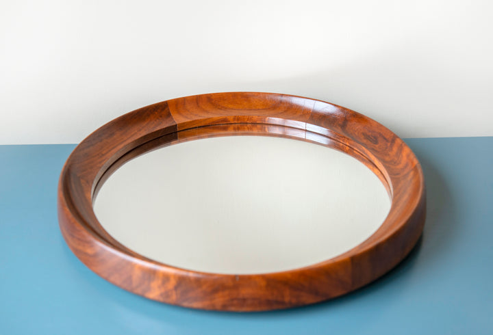 Round Teak Wooden Mirror With Leather Cord, Danish Design, 1960s