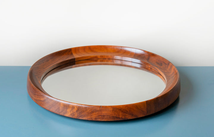 Round Teak Wooden Mirror With Leather Cord, Danish Design, 1960s