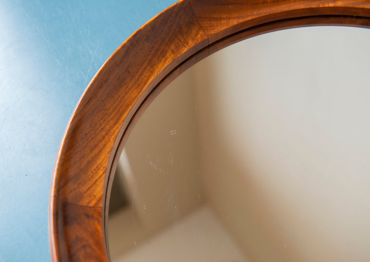 Round Teak Wooden Mirror With Leather Cord, Danish Design, 1960s