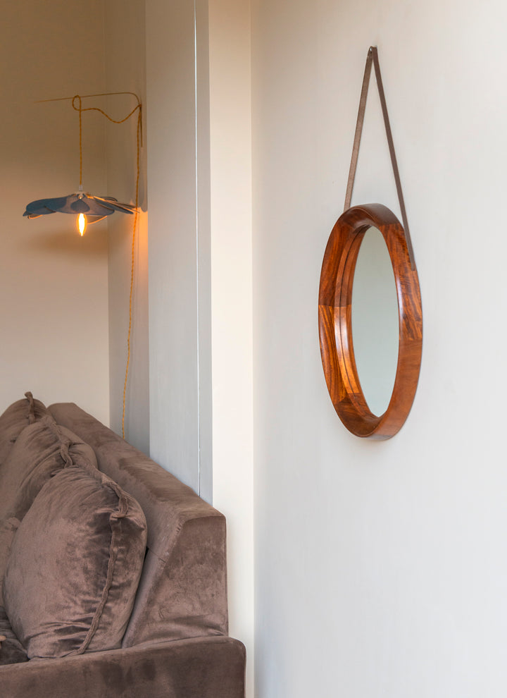 Round Teak Wooden Mirror With Leather Cord, Danish Design, 1960s