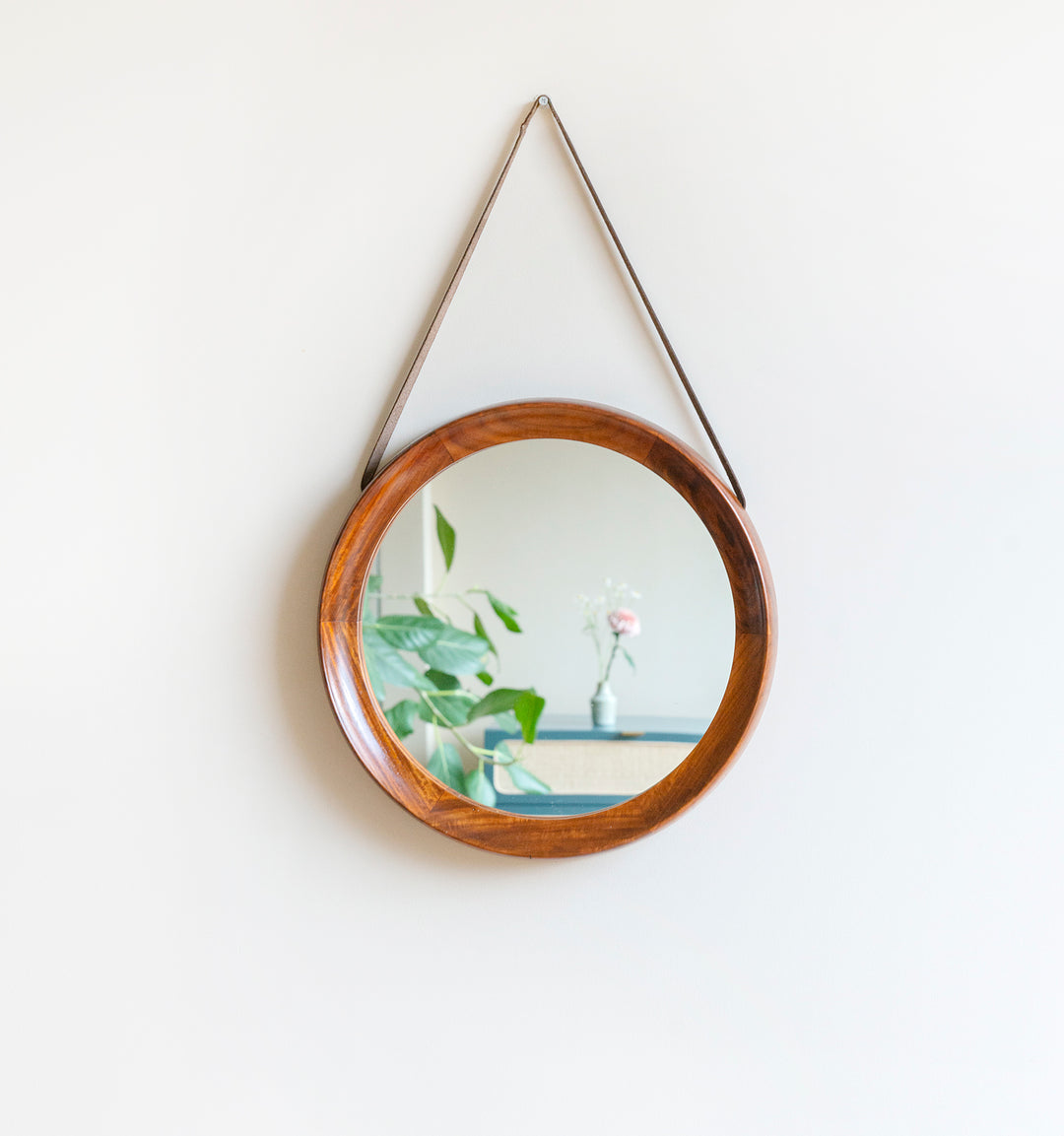 Round Teak Wooden Mirror With Leather Cord, Danish Design, 1960s